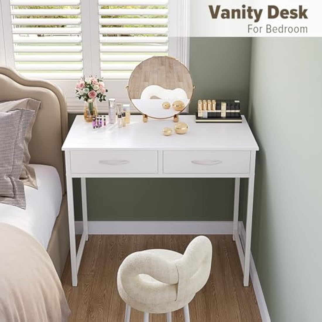 WOHOMO Small Computer Desk with Drawers, 31.5 Inch White Vanity Desk with Storage, Home Office Computer Desks for Small Spaces, Modern Work Writing Study Table, White