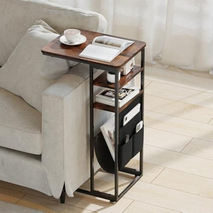 ZEXVIDA C Shaped Side Table, 3 Tier Sofa End Tables with Storage Bag, Sturdy Slide Under Sofa Slim Side Tables with Metal Frame for Small Spaces, Living Room, Bedroom, Industrial (Rustic Brown)