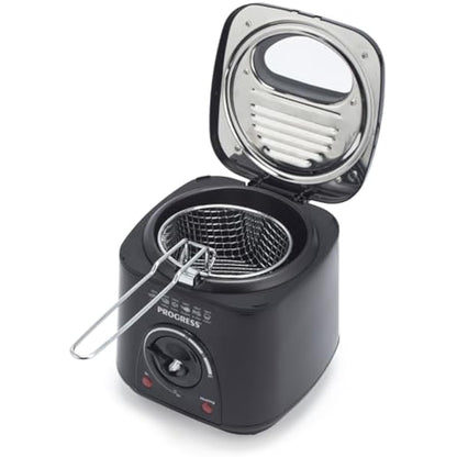 Progress 1L Compact Deep Fat Fryer – Adjustable Temperature Control, Power Lights, Filter to Reduce Odours, Non-Stick Cooking Bowl, Viewing Window, Removable Basket, 950W, Black EK2969PBLK