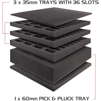 ENHANCE Portable Miniature Figure Storage and Carrying Case, 4 Foam Layers fits 108 Infantry Minis and Pick and Pluck - Book Sleeve and 2 Accessory Pockets for Measuring Tape, Dice and More