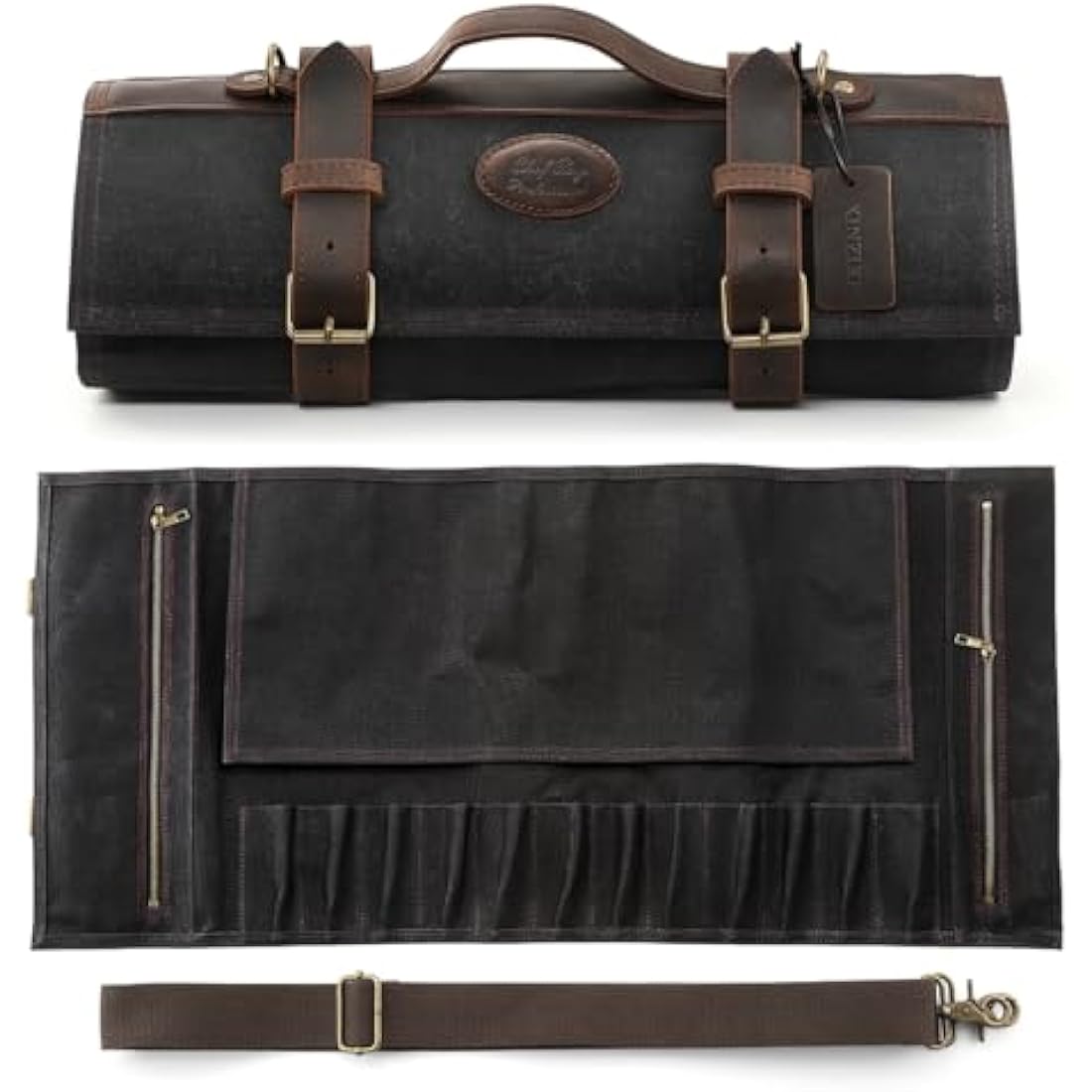 XINZUO Chef Knife Roll Bag Professional,16oz Waxed Canvas and Crazy Horse Leather,12 Slots Plus 2 Zipper Pockets,Black,Adjustable Shoulder Strap-Travel Tool Roll Pouch(Bag Only)