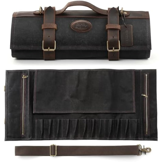 XINZUO Chef Knife Roll Bag Professional,16oz Waxed Canvas and Crazy Horse Leather,12 Slots Plus 2 Zipper Pockets,Black,Adjustable Shoulder Strap-Travel Tool Roll Pouch(Bag Only)