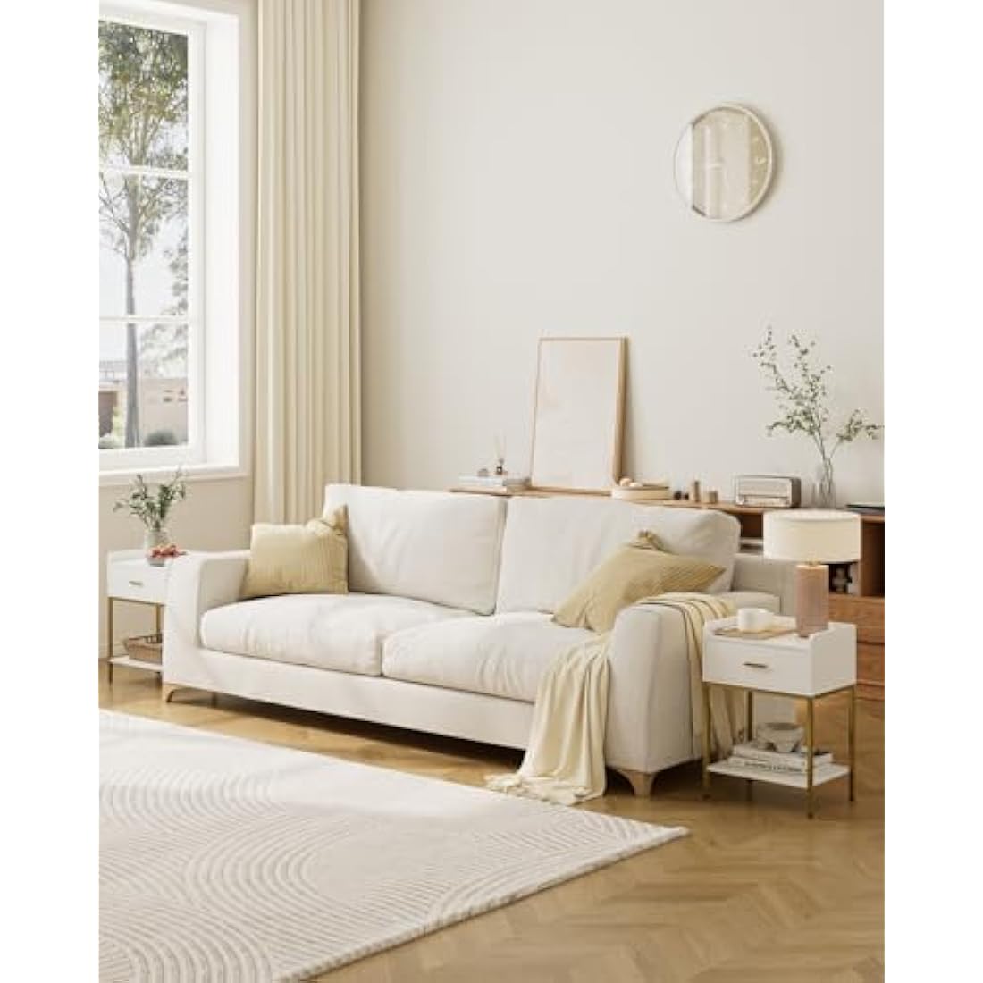 HEYZOEY Bedside Table, 3-Tier Bedside Cabinet with Storage Drawer and Open Shelf, Small End Side Table with Gold Legs for Bedroom, Living Room, White