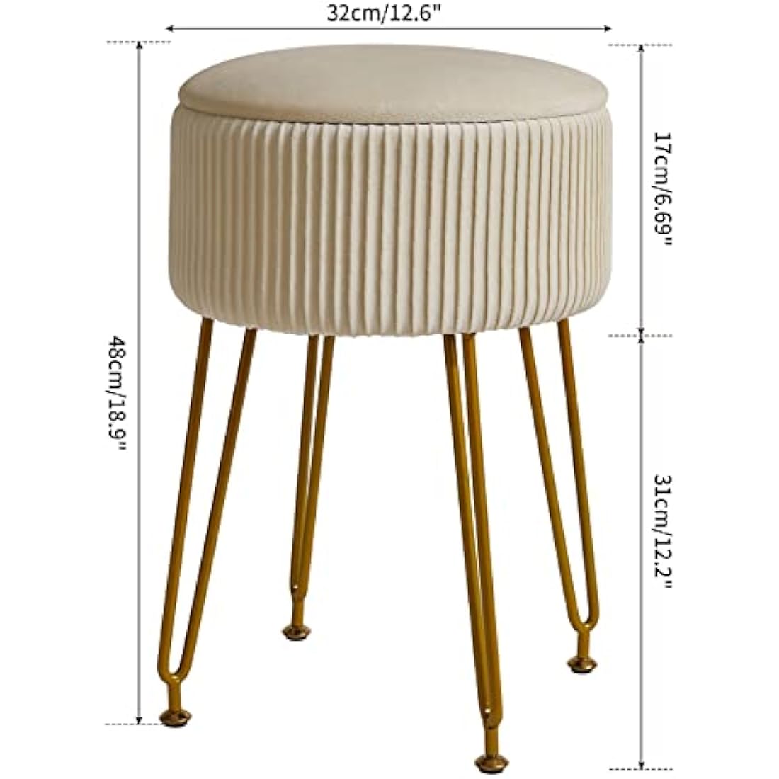 IBUYKE Velvet Storage Footrest Stool Ottoman, Makeup Vanity Stool Side Table with Golden Steel Legs Removable Cover, Coffee Table Top Cover, Creamy-White L/G-20M