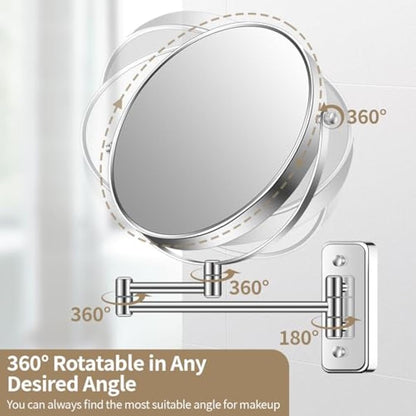 BTremary 9” Large Wall Mounted Makeup Mirror 1X/7X Double-Side Bathroom Magnifying Mirror 360 Swivel Vanity Mirror Extendable Shaving Wall Mount Cosmetic Mirror for Men and Women, Chrome