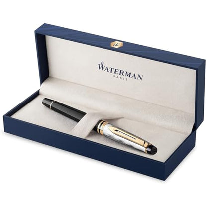 Waterman Expert | Rollerball Pen | Metal & Black Lacquer with Gold trim & Chiselled cap | Fine tip | Black Ink | Gift Box