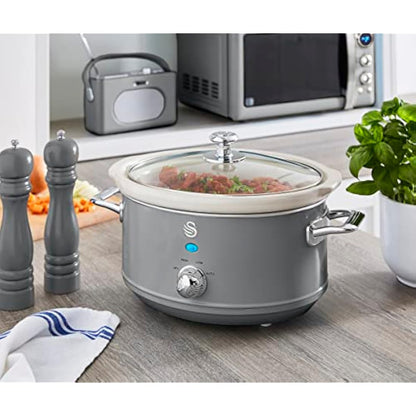 Swan SF17021GRN Retro Slow Cooker with 3 Temperature Settings, Keep Warm Function, 3.5L, 200W, Retro Grey