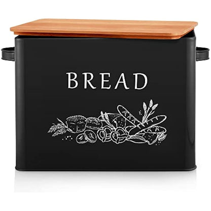 Joyfair Bread Bin, Metal Bread Box with Bamboo Cutting Board Lid, Extra Large Loaf Holder for Kitchen Countertop, Vintage Storage Container fit 2 Loaves, Space Saving & Farmhouse Style, Black