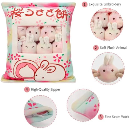 HXPLN Cute Snack Pillow Bunny Plush Pillow, Kawaii Rabbit Pudding Pillow with Bunny Dolls, Removable Stuffed Animal Toys Creative Gift for Kids, Girls, Boys (6 Colorful Bunnies)