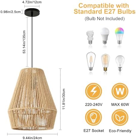 FORCOSO Rattan Pendant Ceiling Light, Boho Lamp Hanging Light Shade Rattan Lampshade, Vintage E27 Light Fitting, Rustic Ceiling Lamp Fixtures for Living Room Bedroom Dining Table Hallway Kitchen