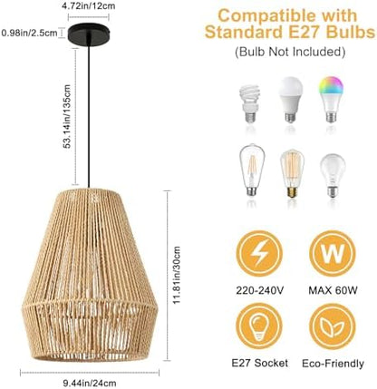 FORCOSO Rattan Pendant Ceiling Light, Boho Lamp Hanging Light Shade Rattan Lampshade, Vintage E27 Light Fitting, Rustic Ceiling Lamp Fixtures for Living Room Bedroom Dining Table Hallway Kitchen