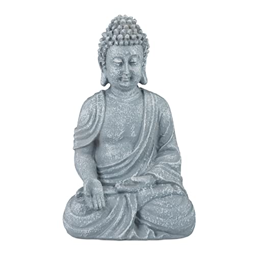 Relaxdays Buddha Ornament Sitting 30 cm high, Garden Decorative Figurine; Weatherproof, Frost-proof, Light Grey