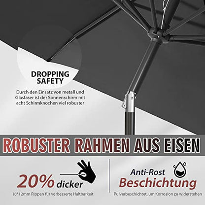 Sekey? 270 cm Parasol with Crank and Auto Tilt, Market Umbrella for Patio, Balcony and Garden, Windproof, Stable, UPF 50+, Grey, Round