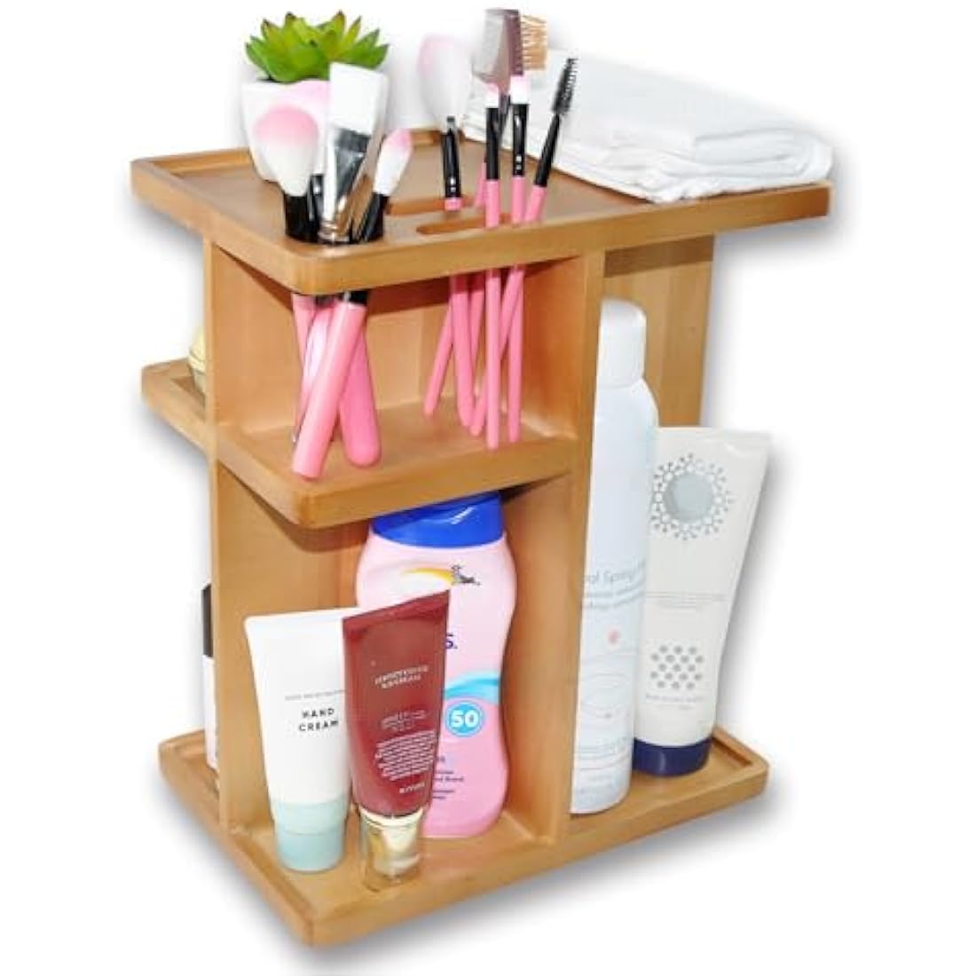 Spiretro Rotating Cosmetic Modular Organizer, Multi-Function Storage, 360 degree Carousel for Makeup, Toiletries, Vanity, Desk, Countertop, Bedroom, Closet, Solid Natural Wood with Acacia Brown