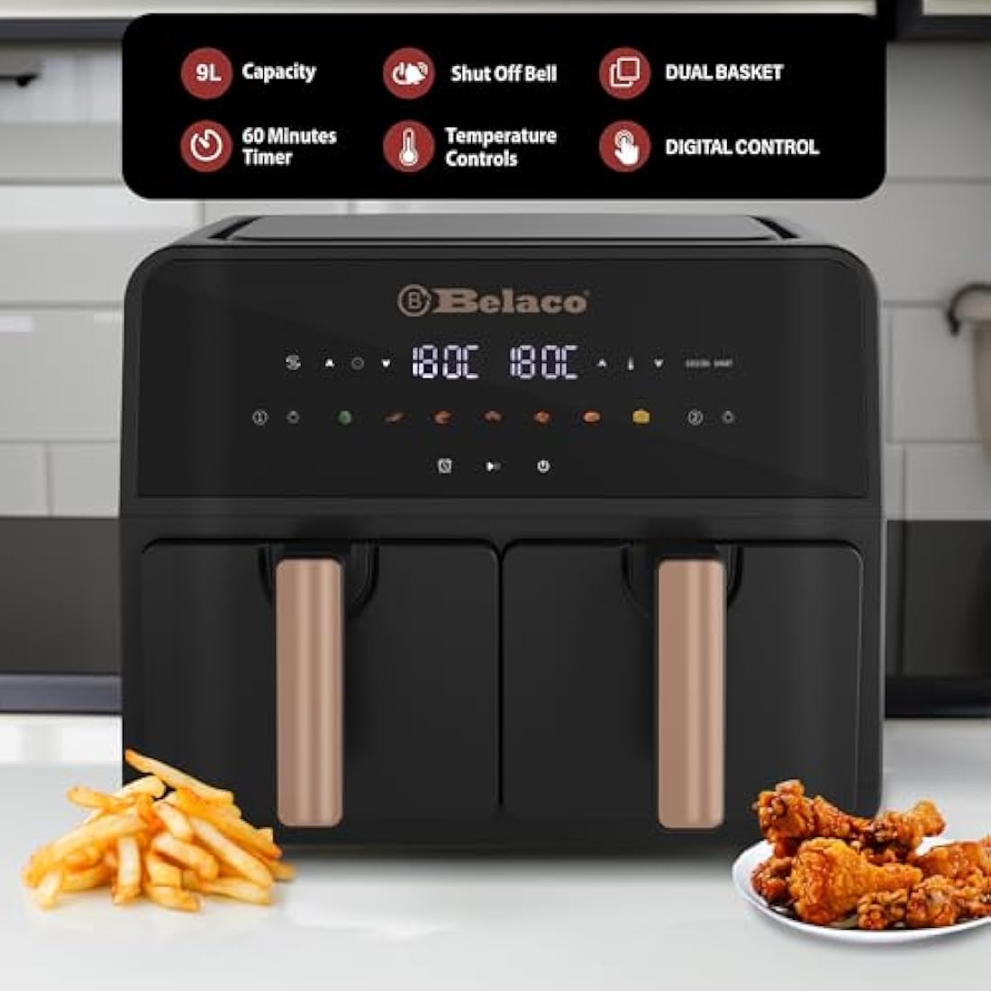 Belaco Air Fryer, 9L Dual Zone, Digital Display, Rapid Air Circulation, Air Fryers, 60 Min Timer, Adjustable Temperature, Dishwasher Safe Basket BEL-AF-03 Smart Finish