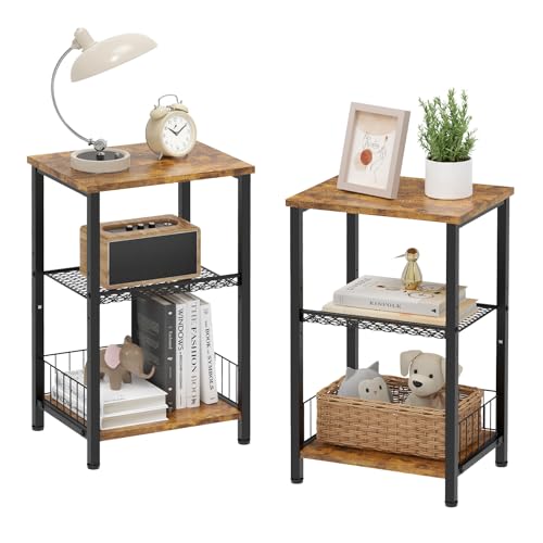 iDavosic.ly 3-Tier Side Table Set of 2, Industrial End Table Nightstand Small Table, Retro Bedside Table Cabinet Organizer for Living Room, Bedroom,