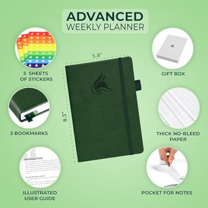 Clever Fox Advanced Weekly Planner – Undated Life Goal Planner for Daily Productivity & Time Management – Day Organizer Journal – Hardcover A5, Forest Green