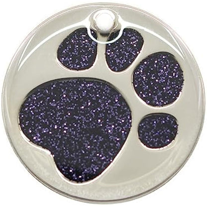 Personalised Engraved 25, 32 & 36mm Glitter Paw Print Pet Tag. Bold Contrasting Text. Small, Medium & Very Large CAT/Dog ID Tags (Black, 32mm)