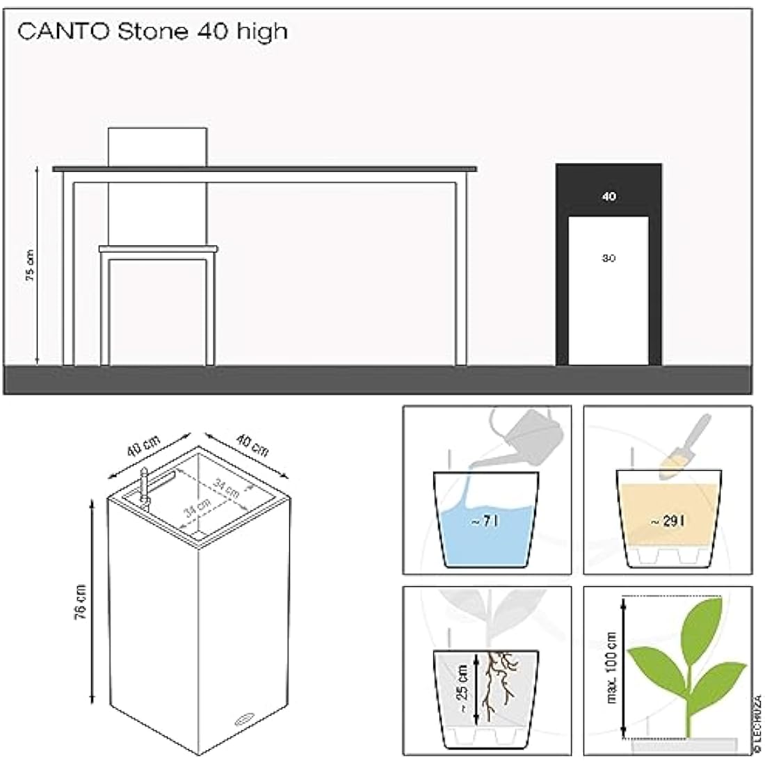 Lechuza Self Watering Plant Pot CANTO Stone 40 High Large Plastic Indoor and Outdoor Plant Pot with Drainage Hole H70 L40 W40 cm Graphite Black