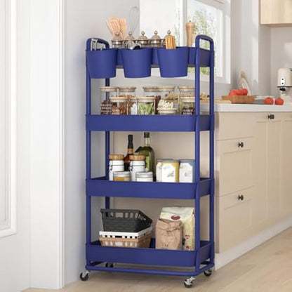 JIUYOTREE 4-Tier Plastic Rolling Storage Cart Utility Cart with Extra Hanging Cups Handles Lockable Wheels for Living Room Bathroom Kitchen Office Blue