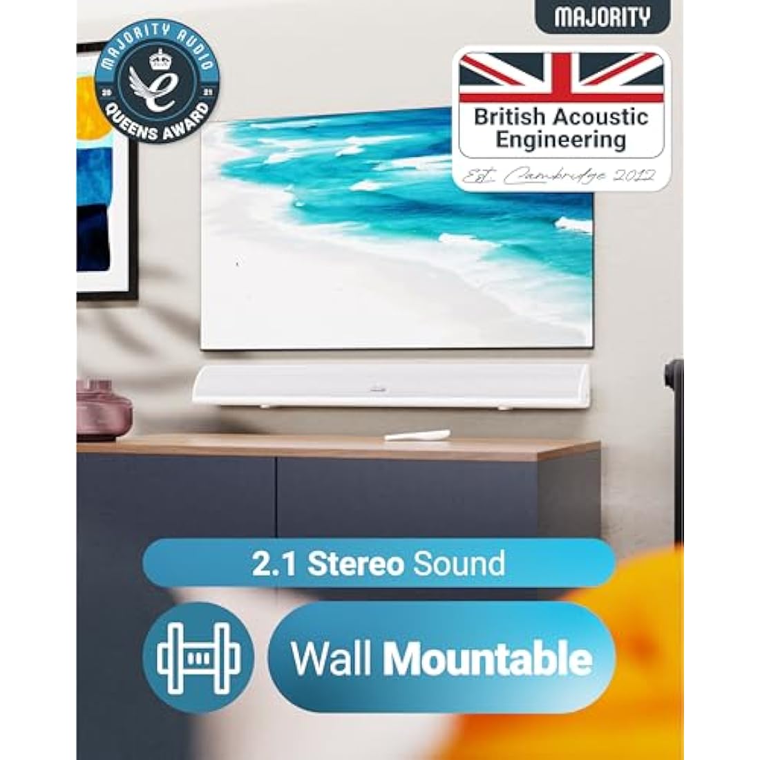 MAJORITY Snowdon | Bluetooth Sound Bar for TV | Built-in Subwoofer | 120 Watts 2.1 Channel Sound | RCA, Optical, and AUX Connection | Wall Mountable | 81 CM | Remote Control Included (White)