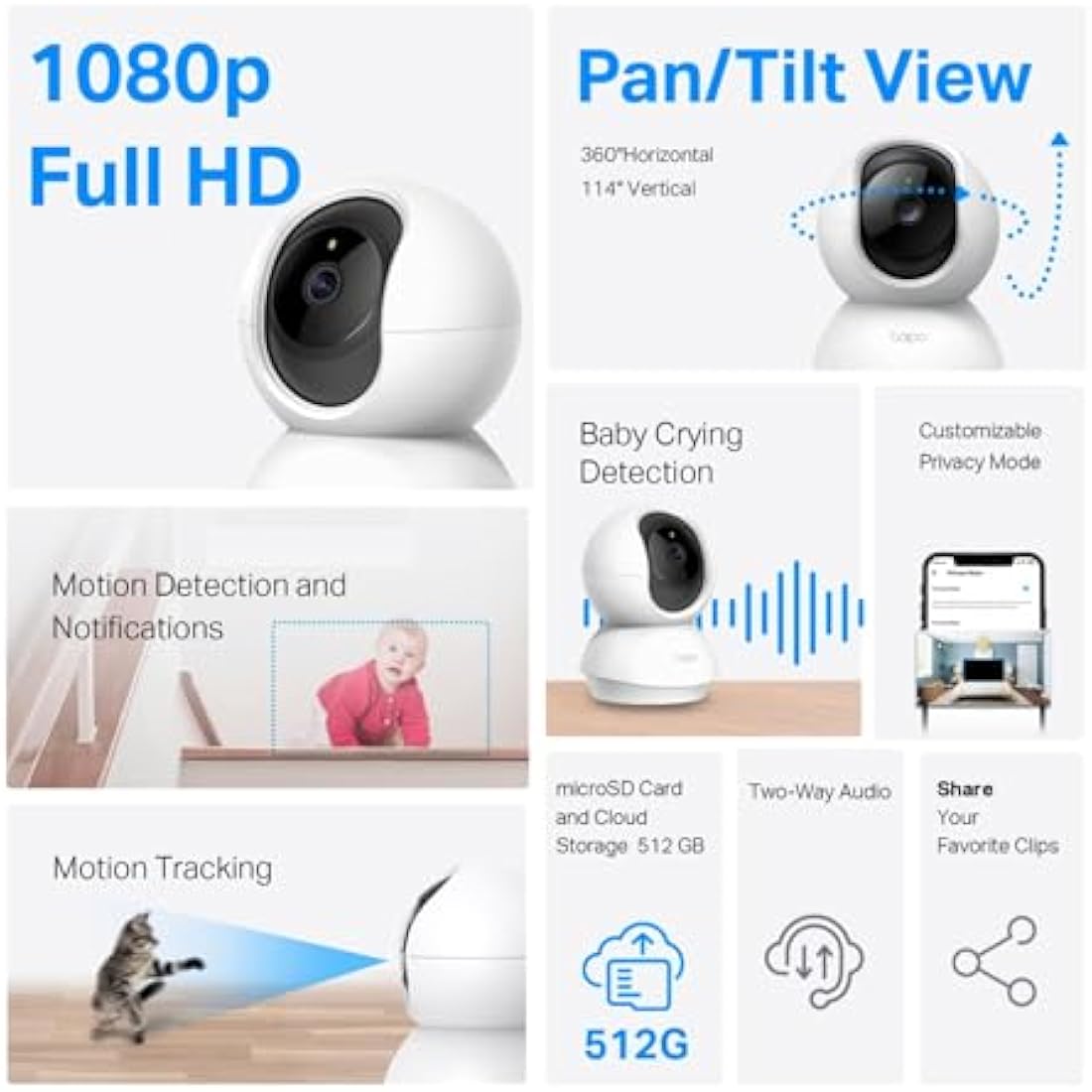 Tapo C200 2-Pack 1080p Pan/Tilt Indoor Camera, Baby Monitor, Motion Detection, Customizable Privacy Mode, 2-Way Talk, Night Vision, Cloud and Local Storage, Works With Alexa and Google, No Monthly Fee