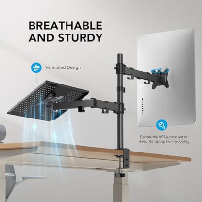 HUANUO Monitor Arm with Laptop Tray for 13 to 32 Inch Screen & 17 Inch Notebook, Monitor and Laptop Stand, Monitor Arm Desk Mount Fits VESA 75 / 100