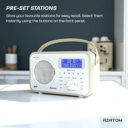 DAB/DAB+ & FM Portable Digital Radio | Leather Design | Bluetooth | Rechargeable Battery | Dual Alarms & Sleep Timer | Perfect for Home, Office or Outdoors | AZATOM Spitalfields 2 (White)