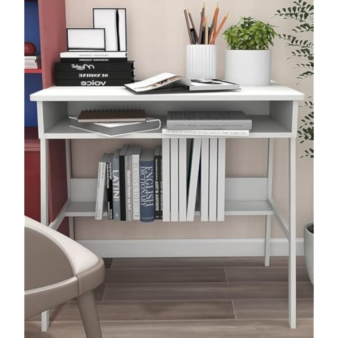 DEILALY Small Desk 80cm with Drawer Space and Under Storage Shelf Computer Wood Desk Metal Frame Writing Table Study Desk Work Station Gaming Desk Table Home Office Bedroom White