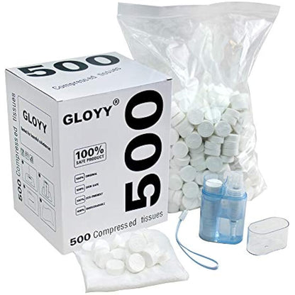 GLOYY Soft Compressed Towels Biodegradable Mini Coin Tissues Includes FREE Carrying Dispenser, Portable for Home Beauty Backpacking Camping Outdoor Accessories(500 Count) (8.8”x9.5”)