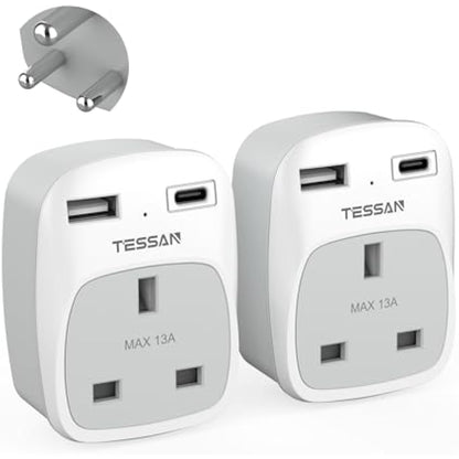 UK to India Plug Adapter 2 Pack, TESSAN Indian Travel Adapter with 2 USB Ports(1 USB C), Plug Socket Adaptor UK to Sri Lanka, Pakistan, Burma, Maldives, Iraq, Namibia, Nepal, Yemen, Zambia (Type D)