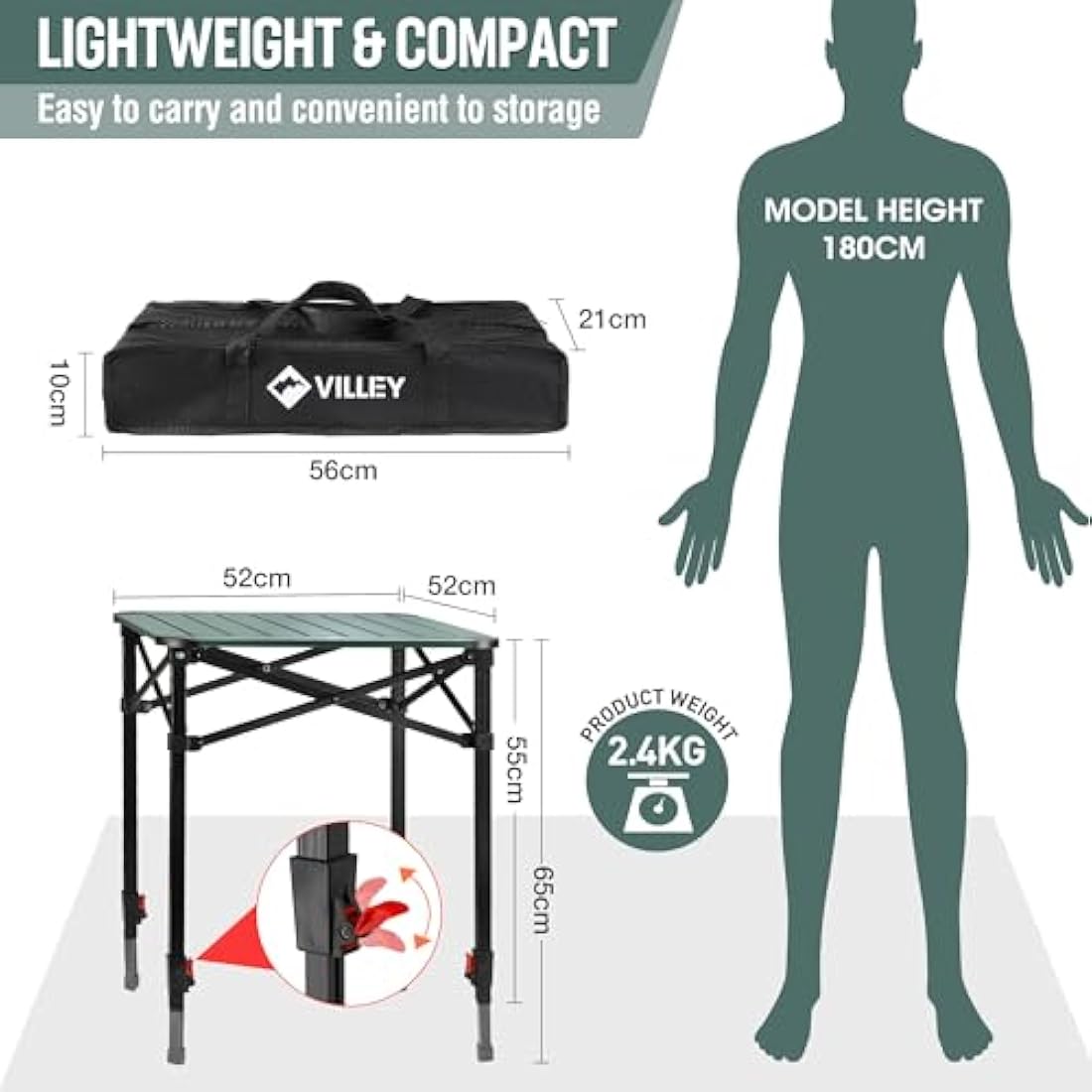 VILLEY Camping Table Folding, Lightweight Roll Up Aluminum Camp Table with Carry Bag, Adjustable Height Portable Outdoor Table for Picnic, Beach, Hiking, Fishing, Medium