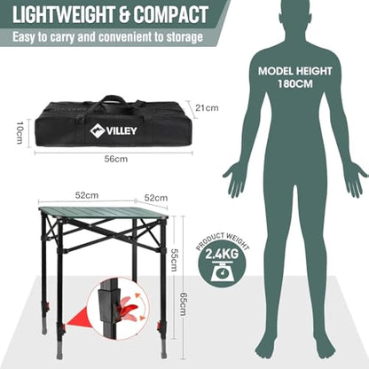 VILLEY Camping Table Folding, Lightweight Roll Up Aluminum Camp Table with Carry Bag, Adjustable Height Portable Outdoor Table for Picnic, Beach, Hiking, Fishing, Medium