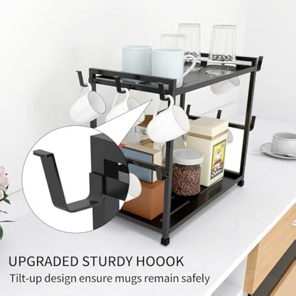 Bethom Coffee Cup Holder Kitchen 12 Hooks Kitchen Storage Rack 2 Tier Coffee Station Organizer Metal Mug Stand Mug Holders for Kitchen Tea Coffee Bar, Black