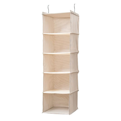 BOMEI PACK Beige Hanging Wardrobe Closet Organizer Shelves with 5 foldable Storage compartments,easy hang up with Curved Metal Hooks for storage