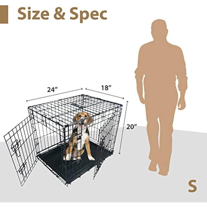 Ellie-Bo Black Deluxe Small 24-inch Folding 2-Door Dog Cage/Crate with Metal Tray and Dog Bed Mat