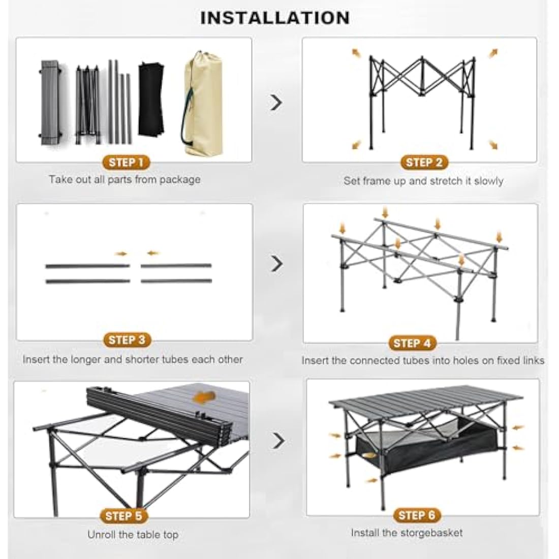 Foldable Camping Table, Alloy Steel Roll-up Picnic Table with Large Storage and Carrying Bag for Outdoor Picnic, Camping, BBQ, Party, Backyard, Beach