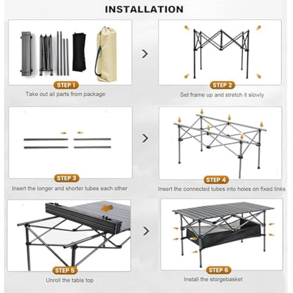 Foldable Camping Table, Alloy Steel Roll-up Picnic Table with Large Storage and Carrying Bag for Outdoor Picnic, Camping, BBQ, Party, Backyard, Beach