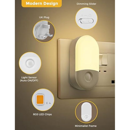 LOHAS-LED Night Light, [2 Pack] Night Light Plug in Wall with Dusk to Dawn Photocell Sensor, Brightness Adjustable, 3000K Warm White, Nightlight for Hallway, Bedroom, Kitchen