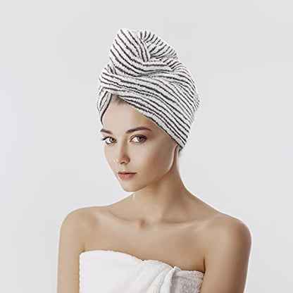 HuaJiao Microfibre Hair Towel Wrap, Hair Turban Drying Towel, Button Stripe