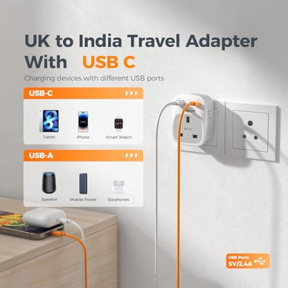 UK to India Plug Adapter 2 Pack, TESSAN Indian Travel Adapter with 2 USB Ports(1 USB C), Plug Socket Adaptor UK to Sri Lanka, Pakistan, Burma, Maldives, Iraq, Namibia, Nepal, Yemen, Zambia (Type D)