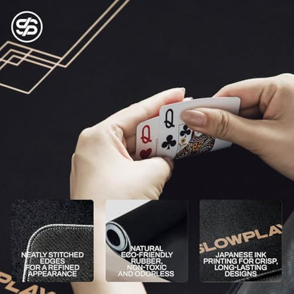 SLOWPLAY Godel Texas Hold'em Poker Mat 240x120 cm | Poker Table Top with Hemmed Edges, Extra Water Repellent, Noise Reduction | Super Portable for Games Everywhere (Black and Champagne Gold)