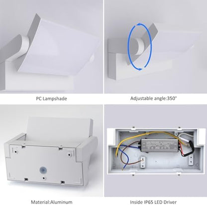 Klighten 24W LED Wall Light Outdoor Indoor Waterproof IP65 Wall Lamp Modern Aluminum Outside Wall Light with Swiveling LED Panel for Entrance Garden Corridor, White, Cold White 5700K-6000K