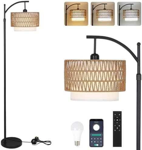 Rayofly Arc Floor Lamp for Living Room, Dimmable Floor Lamps with Remote Control, Boho Standing Lamp with Rattan & Linen Double Shades, Black Reading Tall Lamp for Bedroom Office