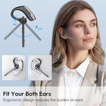New bee Bluetooth Headset V5.2, Bluetooth Earpiece Handsfree with Dual ENC Mic Mute, Single Headset Wireless Earpiece 24 Hrs Talk 180 Days Standby for Driving/Business/Office with Android iOS Laptop