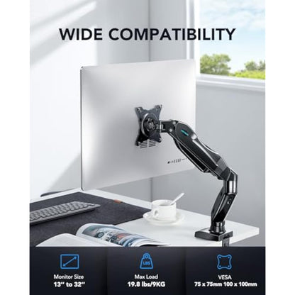 HUANUO Single Monitor Arm Desk Mount for 13 to 32 inch Screens, Tool Free Height Adjustable Monitor Stand with Tilt Swivel Rotate, 75 & 100mm VESA Mount, Load 19.8 lbs, C-clamp & Grommet Options