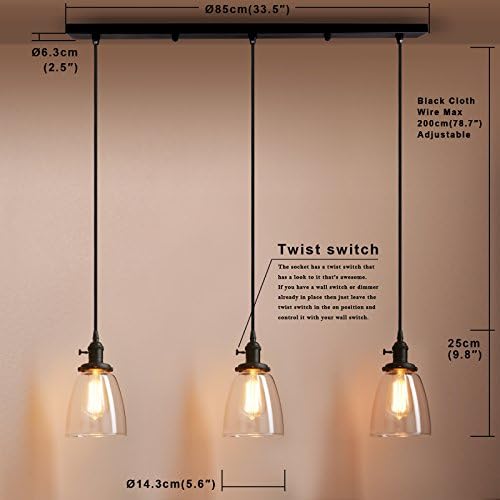 PathsOn Industrial Modern Vintage Loft Bar Kitchen 3 Lights Pendant Light Fittings Cluster Chandelier Glass Lampshade Hanging Ceiling Lamp Light Fixture for Living Room Dining Room Bedroom (Black)