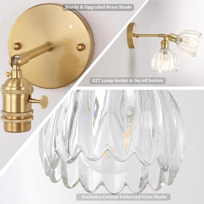 Shenmoyl Vintage Wall Lights Set of 2 Wall Lamps Indoor Gold Wall Sconces 180 Degree Adjustable with Switch for Living Room Bedroom Bedside Bathroom Tulip Clear