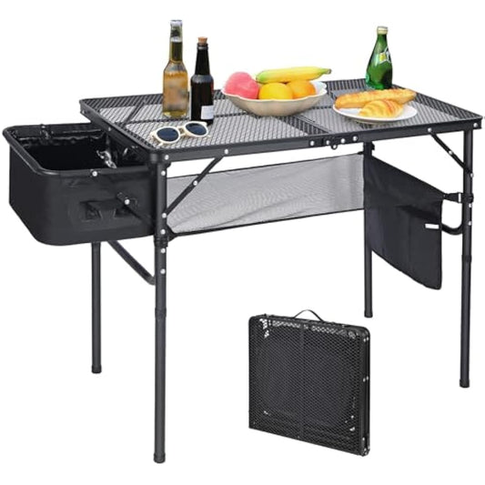 REDCAMP Folding Portable Grill Table with Sink for Outside, Lightweight Aluminum Metal Grill Stand Picnic Table for Camping Cooking BBQ RV Picnic, 2 Heights Adjustable,Black 36"x20"