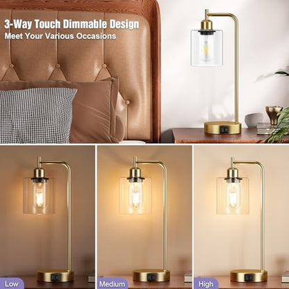 Aooshine Industrial Touch Lamps Set of 2, Gold Bedside Lamps Set of 2 with Glass Shade for Bedroom(Bulbs Included)